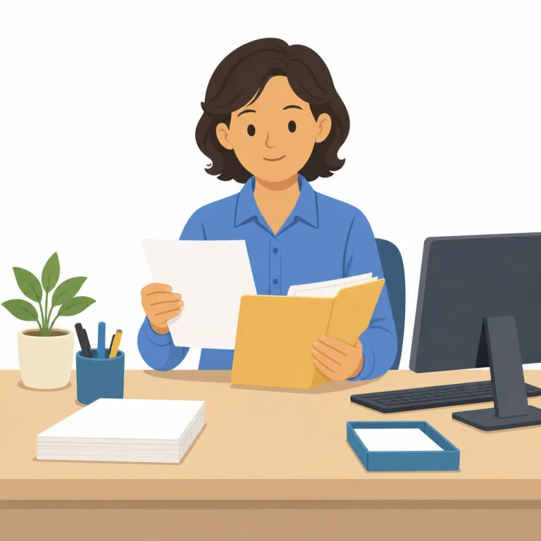 clerk（事務員・名詞）の覚え方イラスト — この clerk は「店員」ではなく、書類・記録・申請などを扱う事務担当者を指す意味です