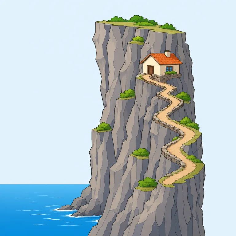cliffside（崖の側面・名詞）の覚え方イラスト — cliff「崖」+ side「側面」で、目線を崖の上端ではなく、下へ続く壁面に向けるイメージです