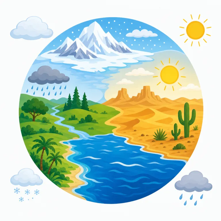 climate（気候・名詞）の覚え方イラスト — この意味の climate は、地域に長く続く天候の性質を表します