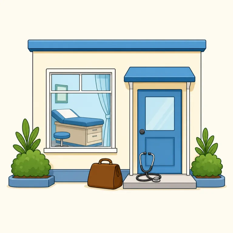 clinic（クリニック・名詞）の覚え方イラスト — clinic は hospital より小さく、まず相談や診察に行く「外来中心の医療の場」とまとめて覚えると定着しやすいです