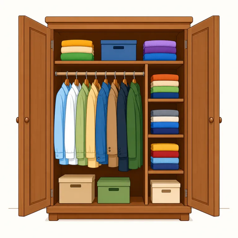 closet（クローゼット、物置・名詞）の覚え方イラスト — closet は close「閉じる」と結びつけ、戸を閉めて服や道具を見えない場所にしまう収納空間として覚えると自然です