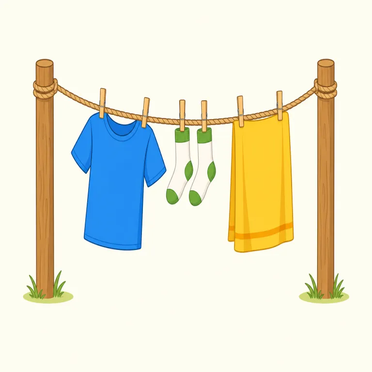 clothesline（物干し綱・名詞）の覚え方イラスト — clothesline は clothes と line に分けると覚えやすいです