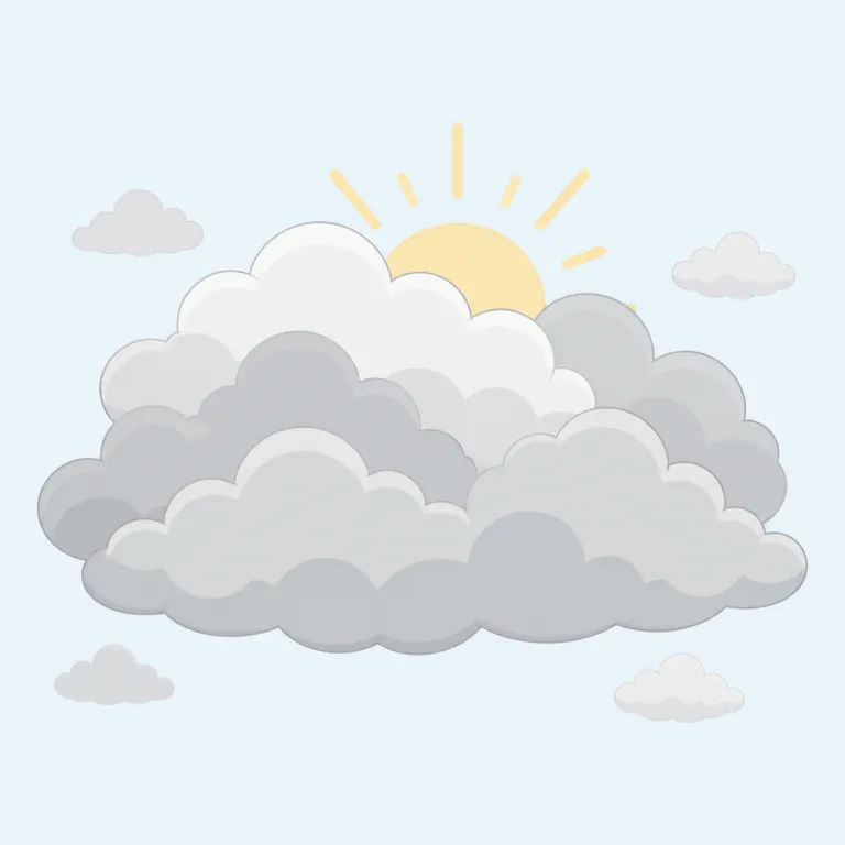 cloudy（曇った・形容詞）の覚え方イラスト — cloud「雲」に -y が付いた形なので、「雲がある、雲に覆われた」とそのまま捉えると覚えやすいです