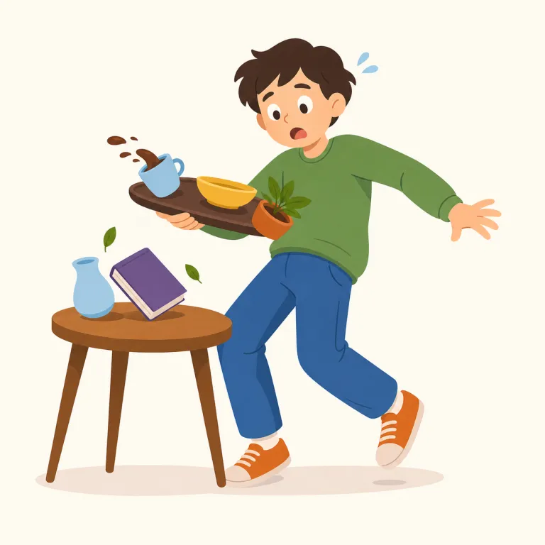clumsy（不器用な・形容詞）の覚え方イラスト — clumsy は、手や体の扱いがうまくなく、物を落とす・ぶつかる・細かい作業に失敗する様子で覚えます