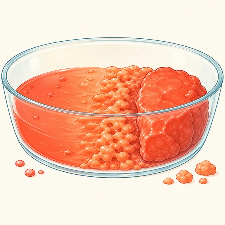 coagulate（凝固する・動詞）の覚え方イラスト — coagulate は「ばらばらの液体成分が一緒に集まって、どろっと固まる」とイメージすると残りやすい
