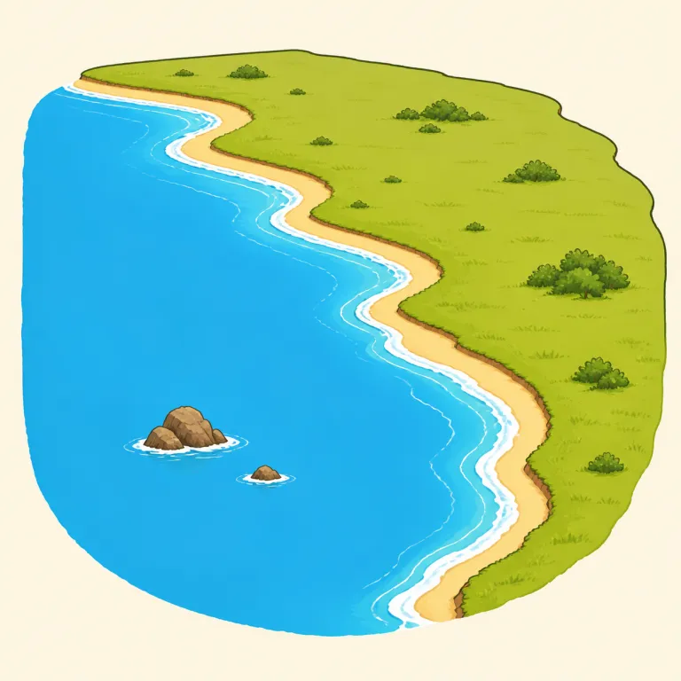 coastline（海岸線・名詞）の覚え方イラスト — coast（海岸）＋ line（線）で「海岸が描く線＝海岸線」とそのまま分解できる