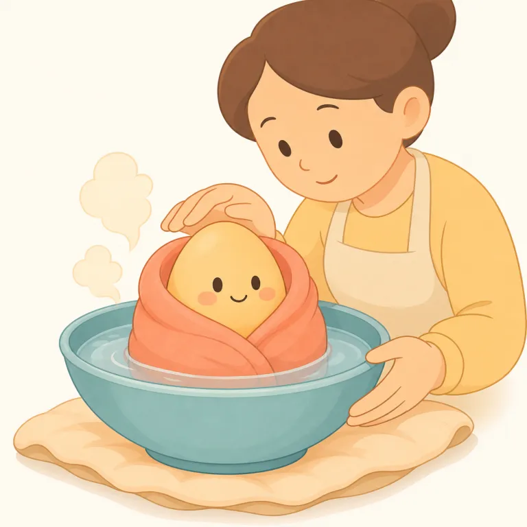 coddle（甘やかす・卵をコドル・動詞）の覚え方イラスト — coddle は「やさしく扱う」で止まらず、「やさしすぎて甘やかす」まで行く語