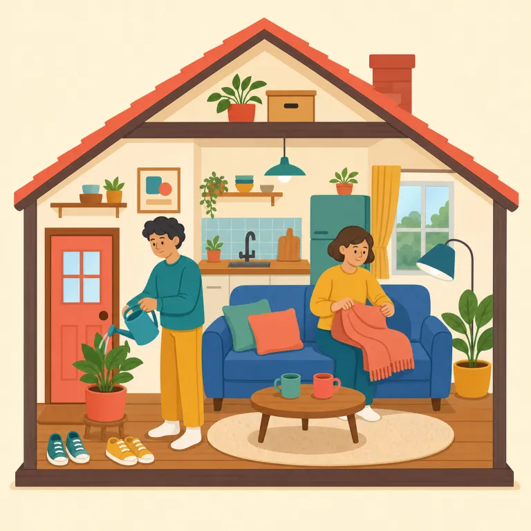 cohabit（同棲する・動詞）の覚え方イラスト — co- は「共同で」、habit / habitat 系は「住む・暮らす場」を連想すると覚えやすいです