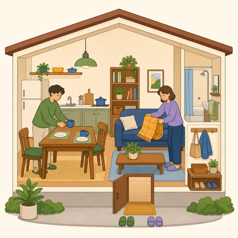 cohabitation（同棲・名詞）の覚え方イラスト — cohabitation は、まず co- を見たら「共同で」、habit / habitat / inhabit 系を見たら「住む・生活の場」を連想すると覚えやすい語です