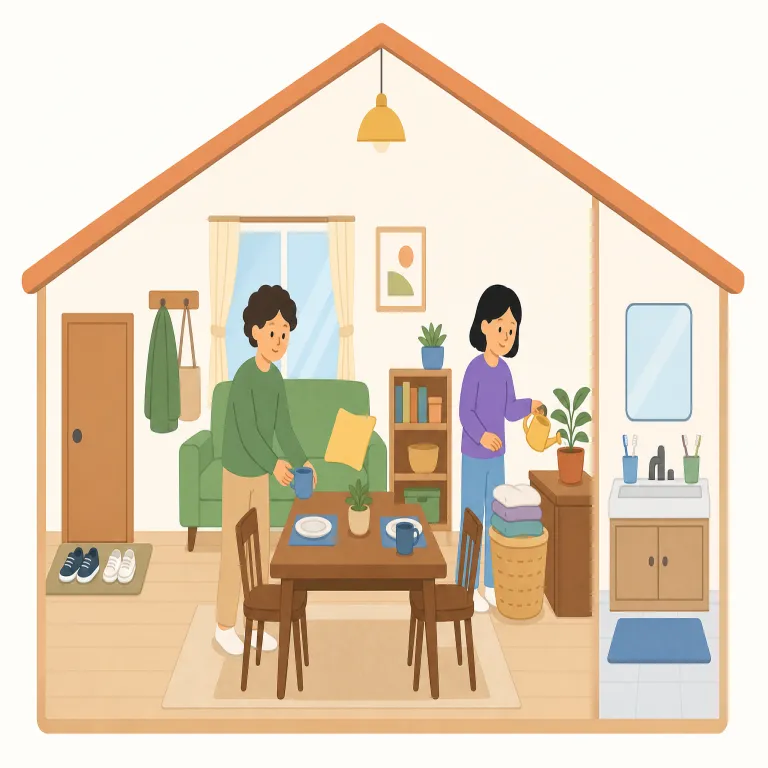 cohabiting（同棲している・形容詞）の覚え方イラスト — この意味の cohabiting は、単に同じ家に住むだけでなく、恋人・伴侶として一つの住居で暮らしている状態を指します