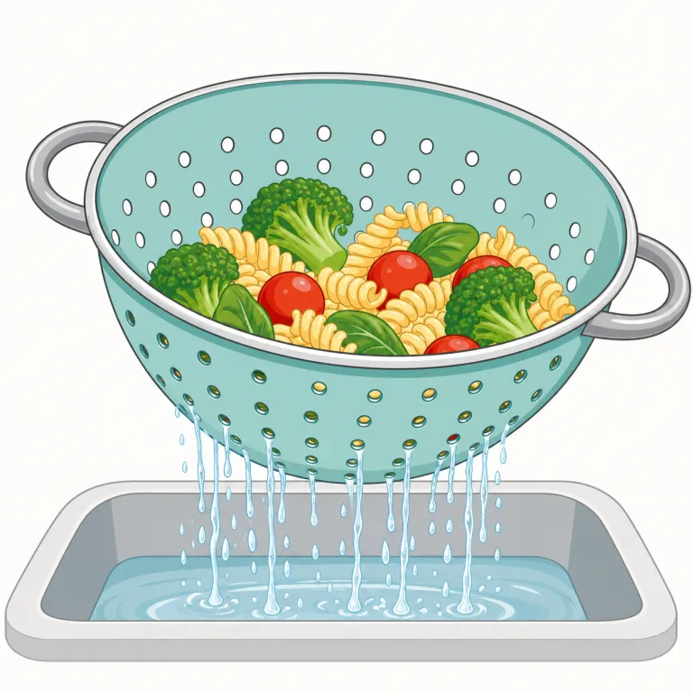 colander（水切りザル・名詞）の覚え方イラスト — colander は単体で覚えるより、「パスタをゆでたあと、シンクで湯を切るときに使う、穴だらけのボウル型ストレーナー」という場面で固定すると残りやすいです