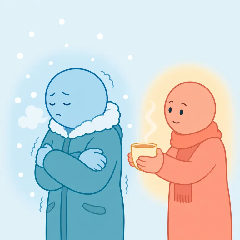 coldness（寒さ、冷たさ、冷淡さ・名詞）の覚え方イラスト — cold に -ness が付いて「冷たいという状態」