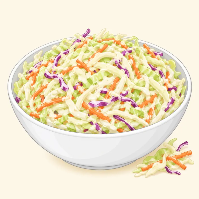 coleslaw（コールスロー・名詞）の覚え方イラスト — 「slaw」を見たら、まず“細切り野菜を和えた副菜”と覚えるのが近道です