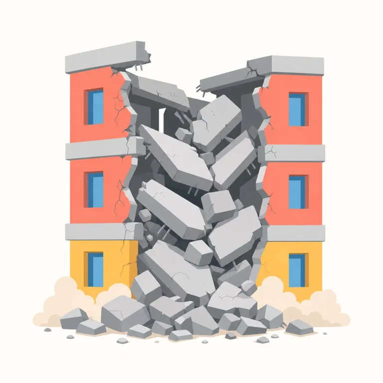 collapse（崩れる・動詞）の覚え方イラスト — collapse は「支えが抜け、まとまって下へ崩れる」動きを思い浮かべると覚えやすい語です