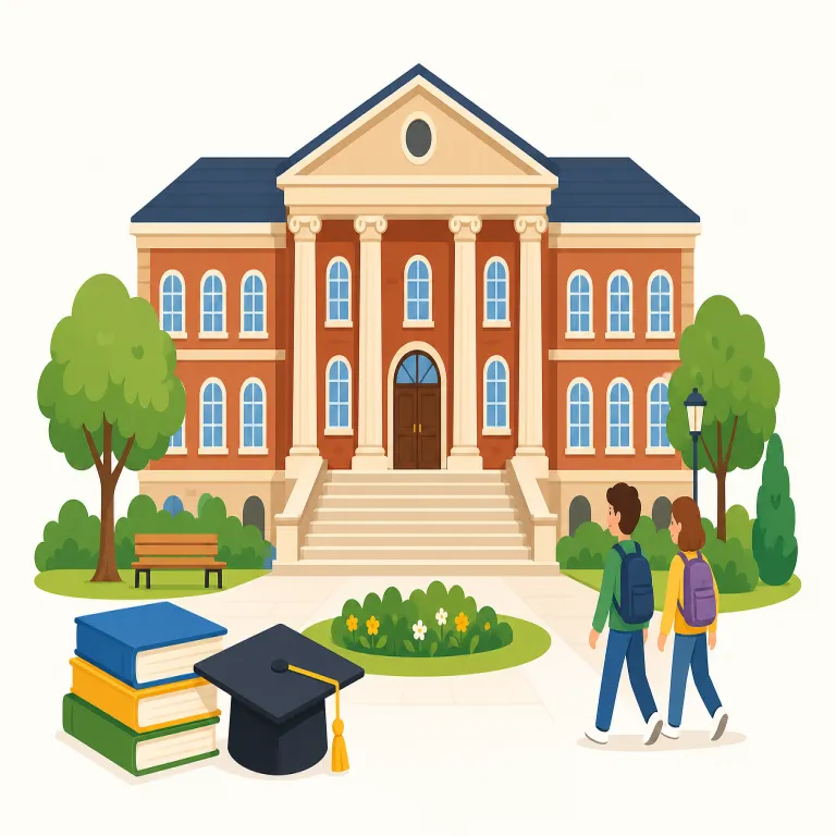 college（大学・名詞）の覚え方イラスト — school より先の段階にある学びの場、と置くと覚えやすい語です