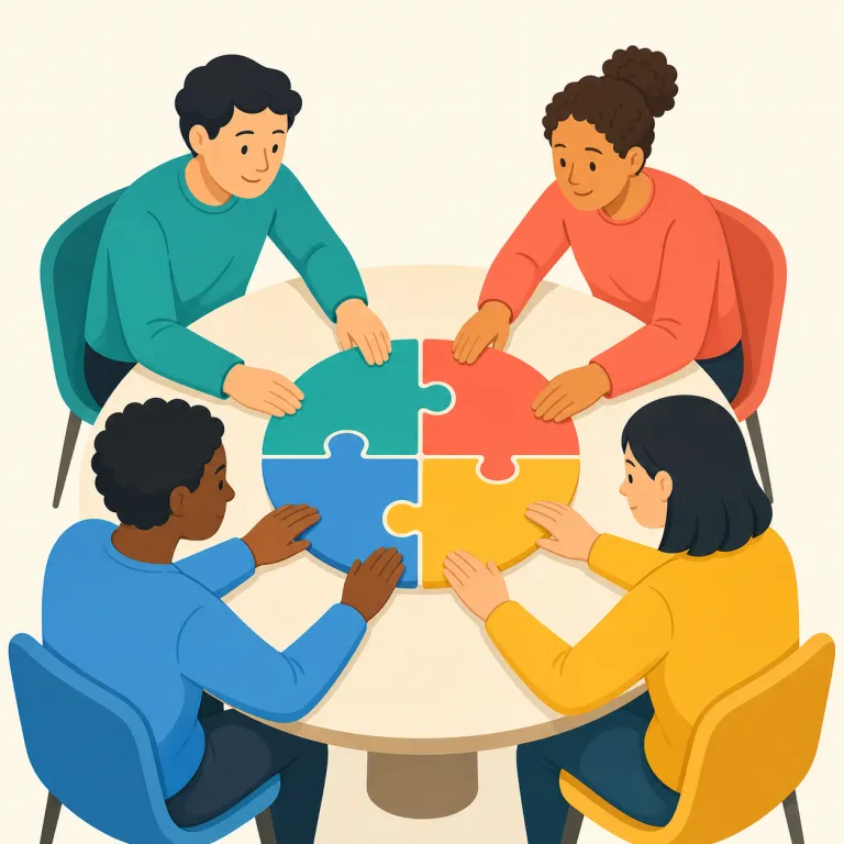collegial（同僚間の・形容詞）の覚え方イラスト — collegial は colleague「同僚」と同じく、ラテン語 collegium「仲間の集まり」に由来します