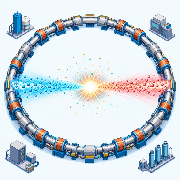 collider（衝突型加速器・名詞）の覚え方イラスト — collide「衝突する」＋ -er「装置」と分解し、「粒子を衝突させる装置」と覚えると明快です