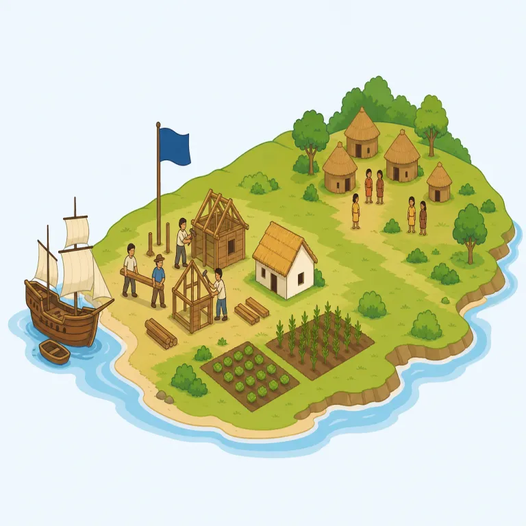 colonization（植民地化・名詞）の覚え方イラスト — colonization はまず colony（植民地）を確実に思い出すと覚えやすい語です