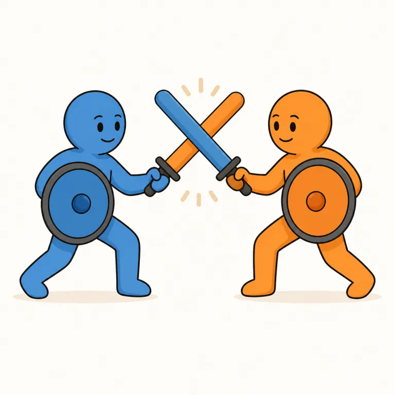 combat（戦闘・名詞）の覚え方イラスト — 名詞 combat は「現場で敵とぶつかっている状態」を思い浮かべるとよい