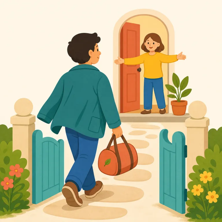 come back（戻る・句動詞）の覚え方イラスト — come は「こちらへ来る」、back は「元へ」