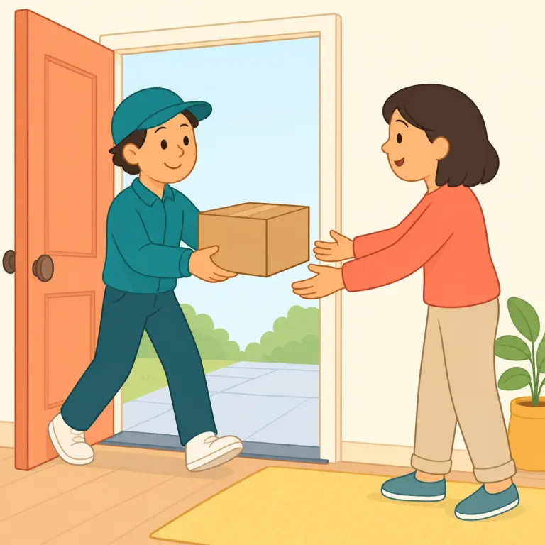 come in（入る・句動詞）の覚え方イラスト — come は「こちらへ来る」、in は「中へ」