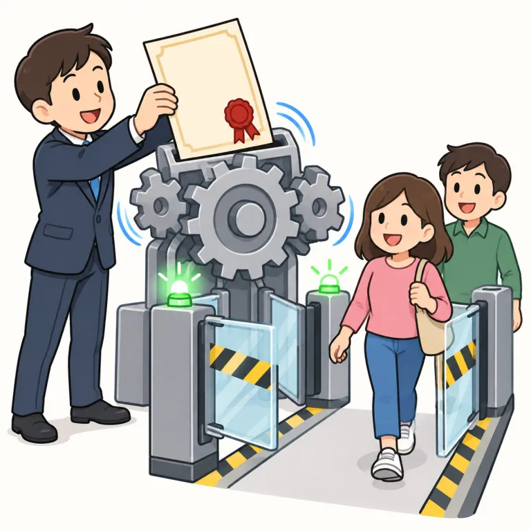 come into（発効する、使われ始める・phrasal_verb）の覚え方イラスト