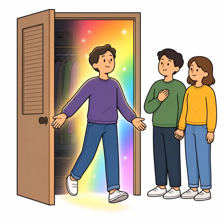 come out（同性愛を公表する・phrasal_verb）の覚え方イラスト