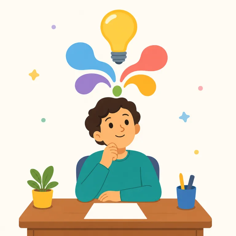come up with（思いつく・句動詞）の覚え方イラスト — これは come up with の「考え出す」という計画的な基本義とは別に、考えや答えが頭に浮かぶ「思いつく」として覚える用法です