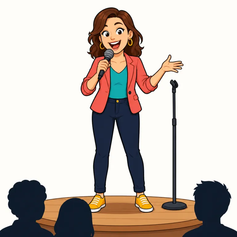 comedienne（女性コメディアン・noun）の覚え方イラスト
