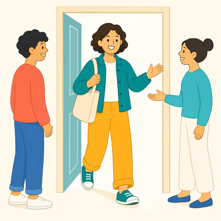 comer（来訪者、参加者・名詞）の覚え方イラスト — come「来る」に -er「人」が付いた、形はかなり素直な語です