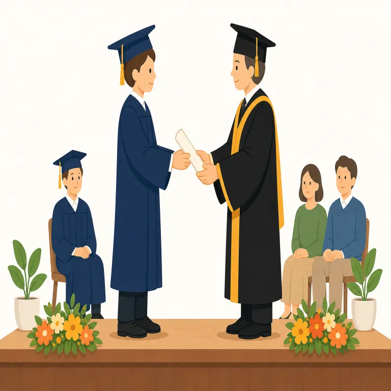 commencement（卒業式、学位授与式・noun）の覚え方イラスト