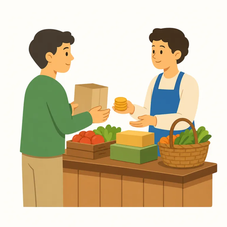 commerce（商業・名詞）の覚え方イラスト — このエントリの commerce は、個々の「取引」ではなく、社会や国の中で物やサービスが売買される仕組み全体、つまり「商業」を指します