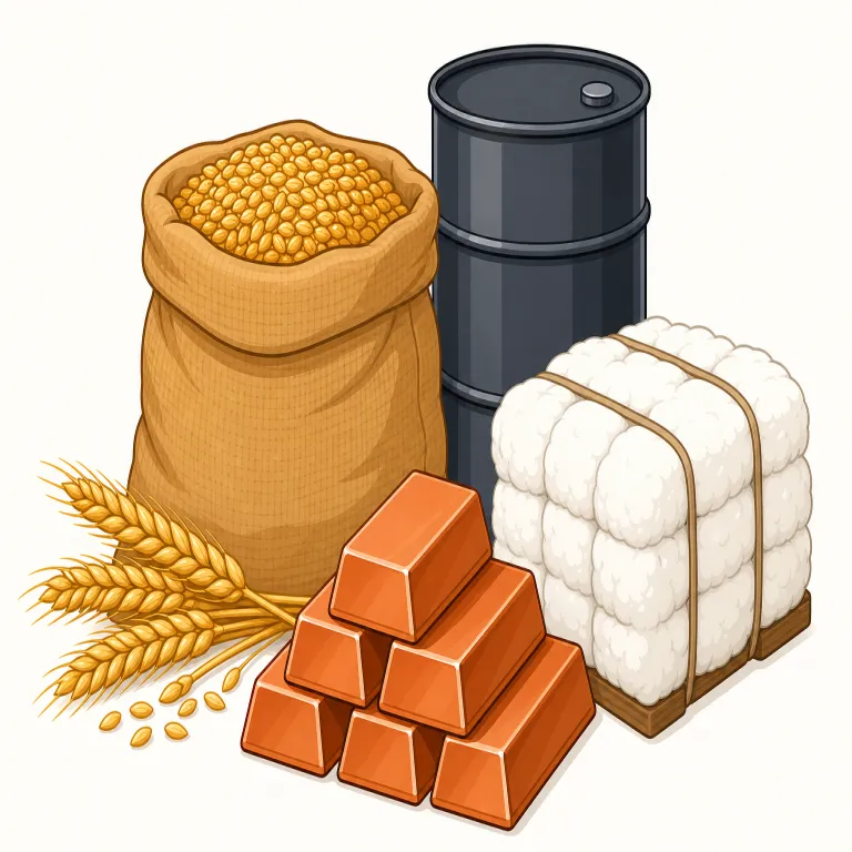 commodity（一次産品、商品・名詞）の覚え方イラスト — commodity は「その会社ならではの製品」ではなく、石油・小麦・金属のように、誰の物でもほぼ同じとして扱える“標準化された商品”を指す語