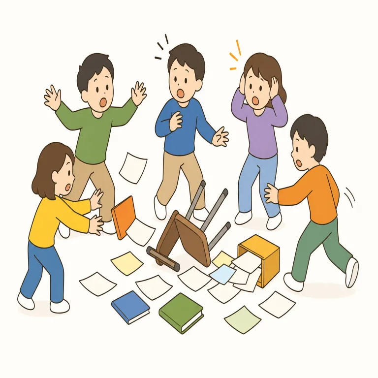 commotion（騒ぎ・名詞）の覚え方イラスト — この「騒ぎ」の commotion は、単なる状態の混乱ではなく、周囲に聞こえたり見えたりするざわめき・人の動きに焦点があります