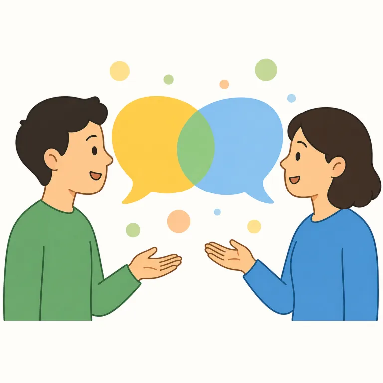 communicative（意思疎通が上手な、話しやすい・形容詞）の覚え方イラスト — この意味の communicative は、人について「考えや気持ちをよく伝える」「話しやすい」という評価を表します