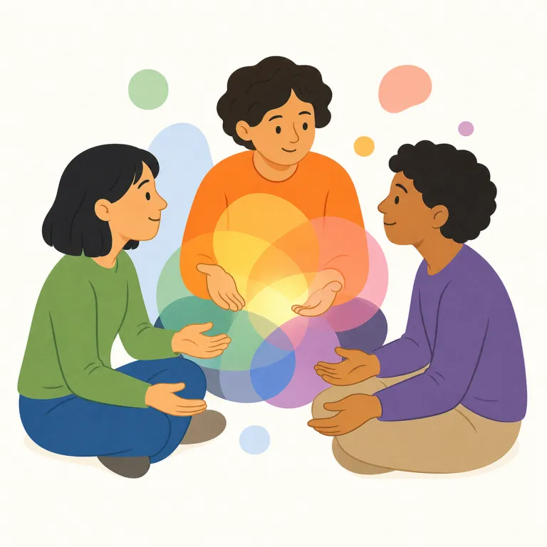 communing（交流する・動詞）の覚え方イラスト — `communing` は `common` や `community` を知っていると覚えやすい語で、「何かを共有してつながる」感覚が核です