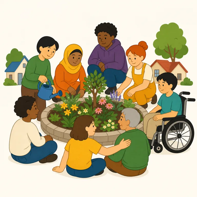community（地域社会・名詞）の覚え方イラスト — common（共通の）と結びつけると覚えやすい語です