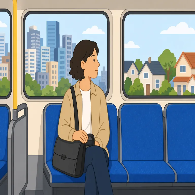 commute（通勤・動詞）の覚え方イラスト — commute は単なる move や go ではなく、家と職場・学校の間を毎日くり返し往復する、生活に組み込まれた移動を指す語