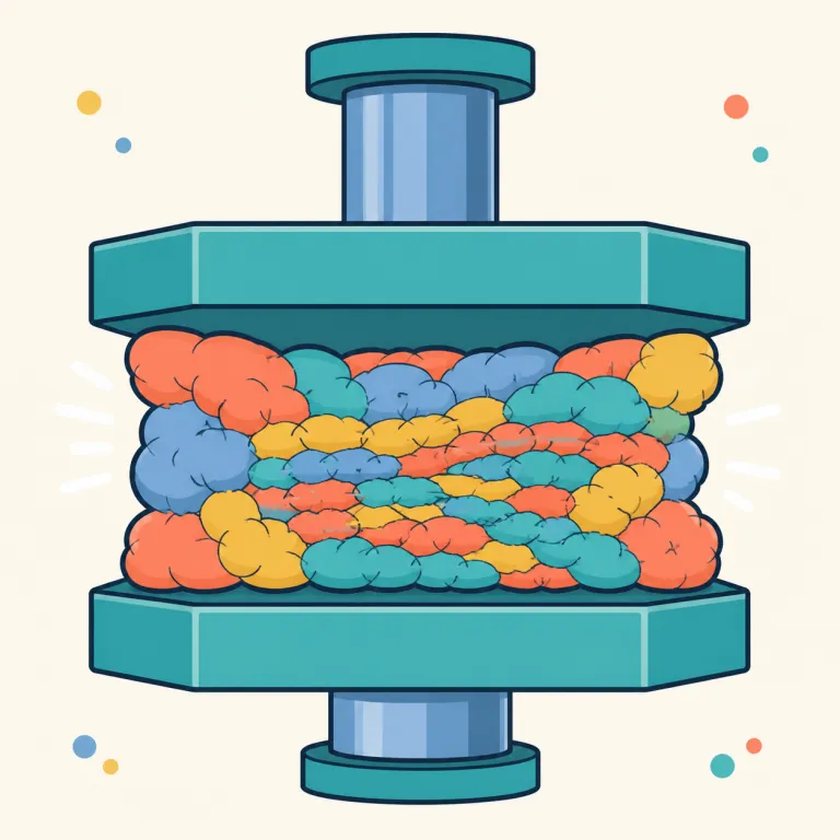 compacting（圧縮する・動詞）の覚え方イラスト — まず compact を「ぎゅっと詰まった」として押さえると、動詞 compact は「ぎゅっと固める」