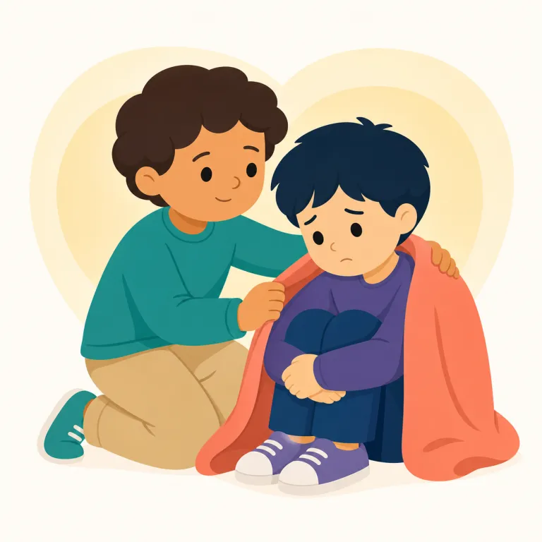 compassion（思いやり・名詞）の覚え方イラスト — このエントリでは compassion を、相手の立場を思って優しく接する「思いやり」として覚えます