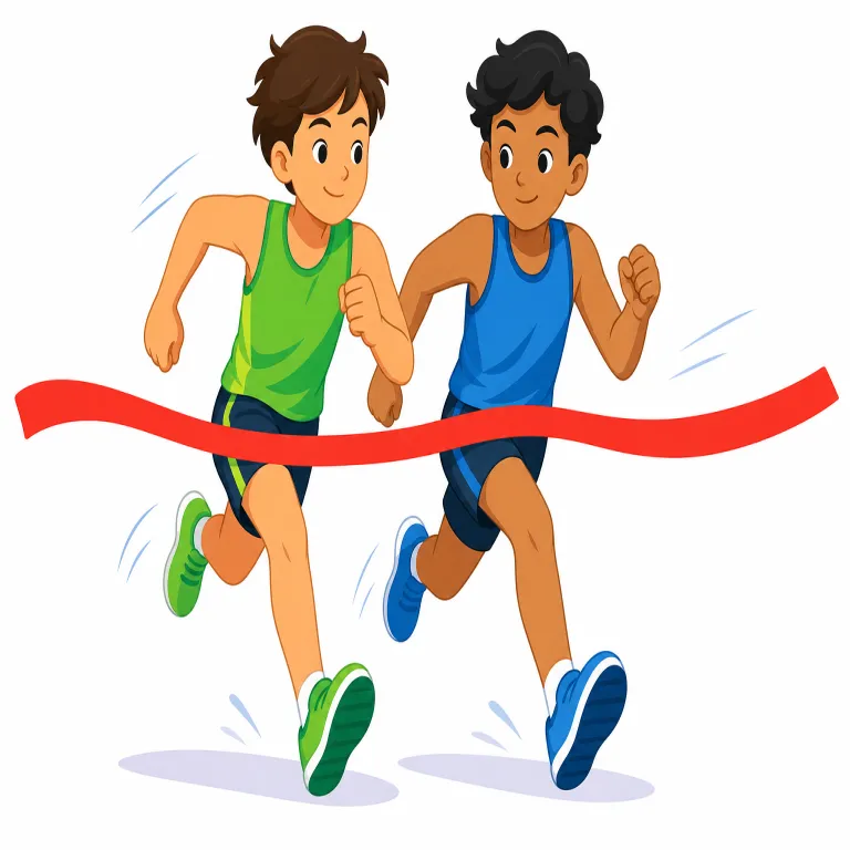 compete（競争する・動詞）の覚え方イラスト — compete は「同じ目標・賞・市場をめぐって、相手より上に立とうとする」と考えると覚えやすい動詞です