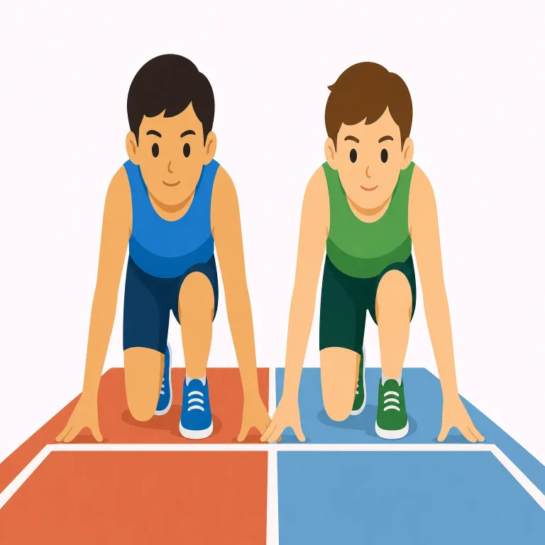 competitor（競争相手・名詞）の覚え方イラスト — このエントリの competitor は、単に競争に参加する「競争者」ではなく、自分や自社と同じ市場・分野で成果や客を奪い合う「競争相手」として覚えます