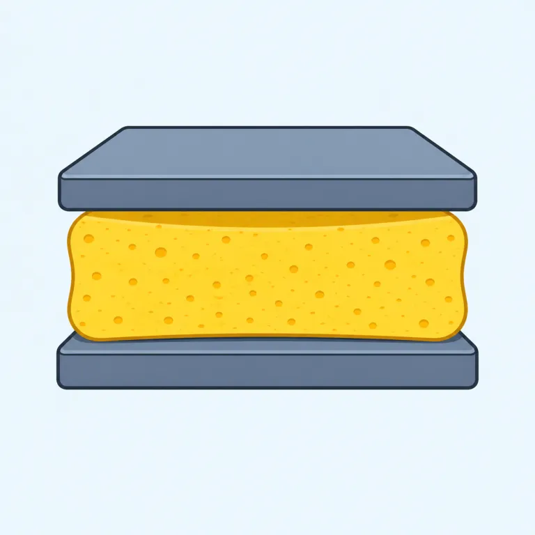 compression（圧縮・名詞）の覚え方イラスト — compression の「圧縮」は、press「押す」という核から「押して詰め、体積やデータ量を小さくすること」と考えると覚えやすいです