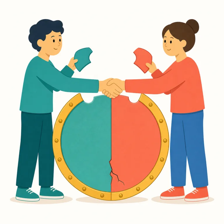 compromise（損なう／妥協する・動詞）の覚え方イラスト — promise が見えるので、「互いに条件を出し合い、何かを約束して折り合いをつける」→ compromise で「妥協する」と覚えると定着しやすい
