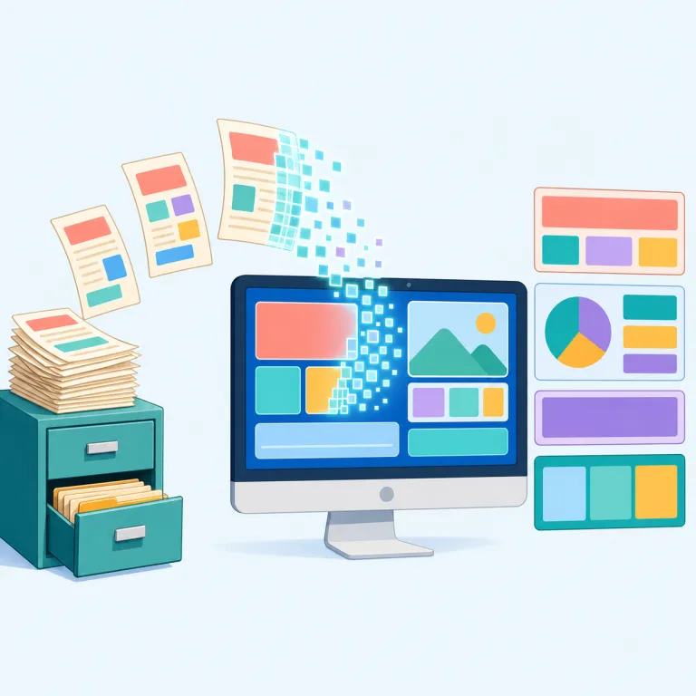 computerize（電子化する・動詞）の覚え方イラスト — computer に「〜化する」を表す -ize を付けた形なので、「コンピューターで扱えるようにする」と覚えると定着しやすい語です