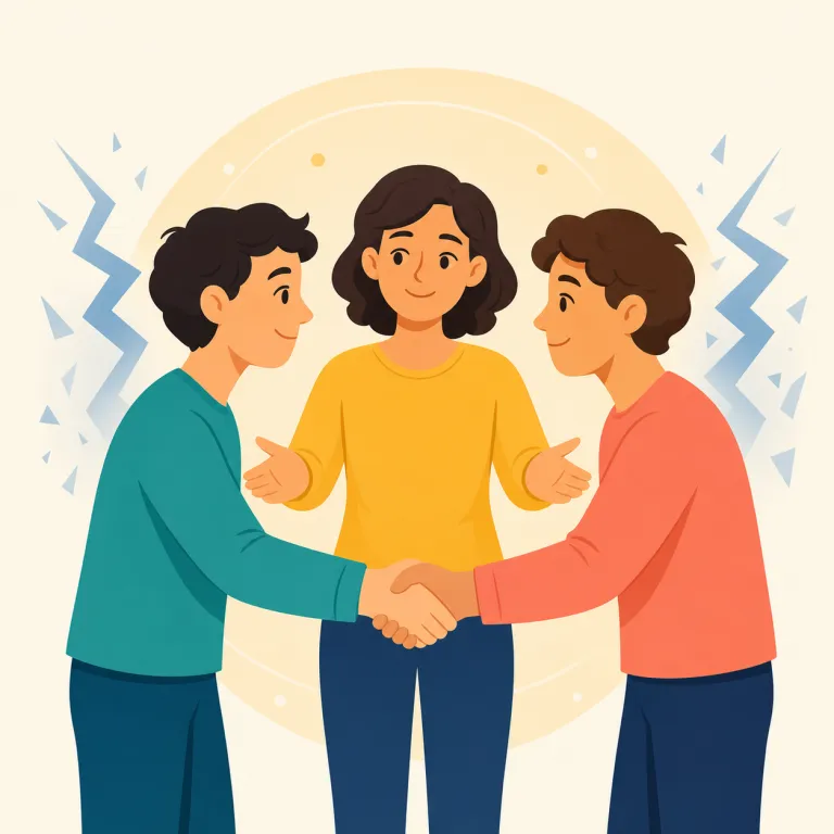 conciliate（和解させる・動詞）の覚え方イラスト — con- は「一緒に」、-ate は動詞語尾と見て、まず「人を同じ側に寄せる」感じを持つと覚える
