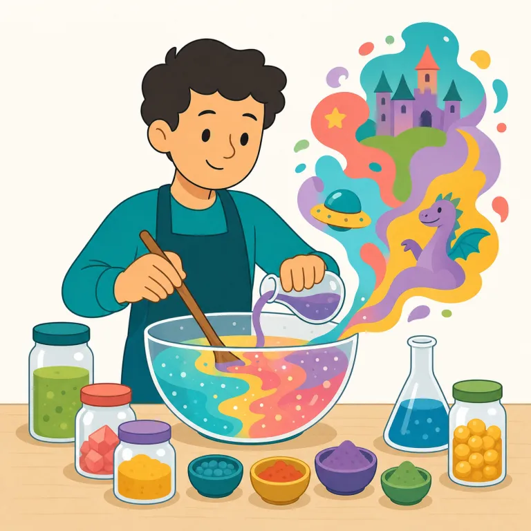 concoct（調合して作る、でっち上げる・動詞）の覚え方イラスト — con- は together の感覚、concoct は『材料や話をあれこれ一緒に混ぜて作る』と押さえると覚えやすい