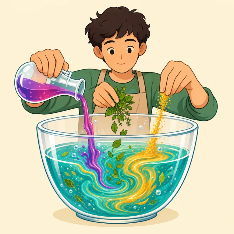 concocting（調合する・動詞）の覚え方イラスト — concoct は con-「一緒に」と、cook と同じ系統の「煮る・火を通す」感覚を持つ部分から成ると考えると覚えやすいです