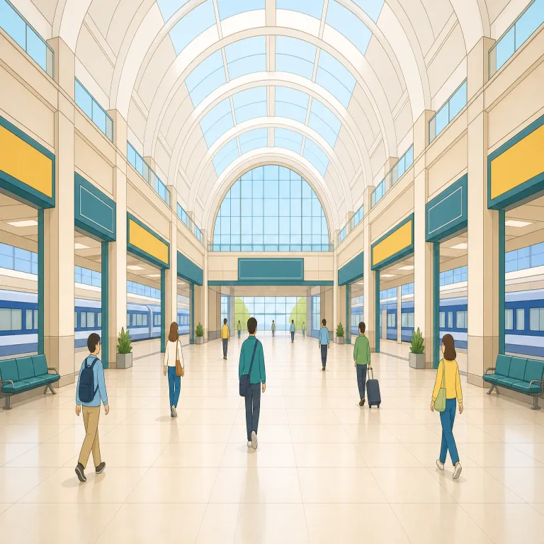 concourse（コンコース、広い通路・ホール・名詞）の覚え方イラスト — course を「進路・流れ」として知っていると、concourse は「人の進路が一つに集まる大きな場所」とつかめる