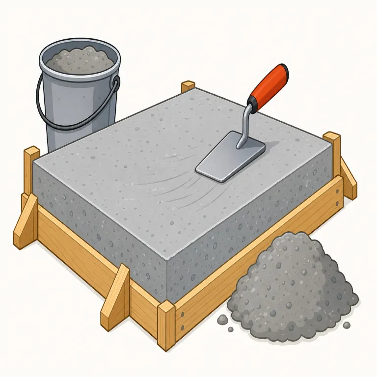 concrete（コンクリート・名詞）の覚え方イラスト — concrete は「コンクリート」とほぼ同じで、建設現場では pour concrete「流し込む」、set/harden「固まる」、reinforced concrete「…